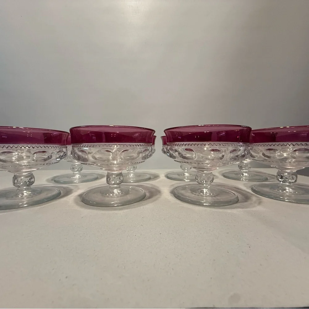 Set Of 8 Tiffin Kings Crown Thumbprint Cranberry Flash Sherbet Dessert Glass
